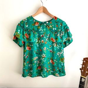Green Floral Print Ruffle Top Xhileration Sz S EUC